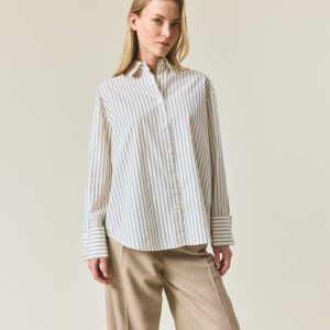 Lexington Skjorte oversized striper med foldede mansjetter grønn/hvit